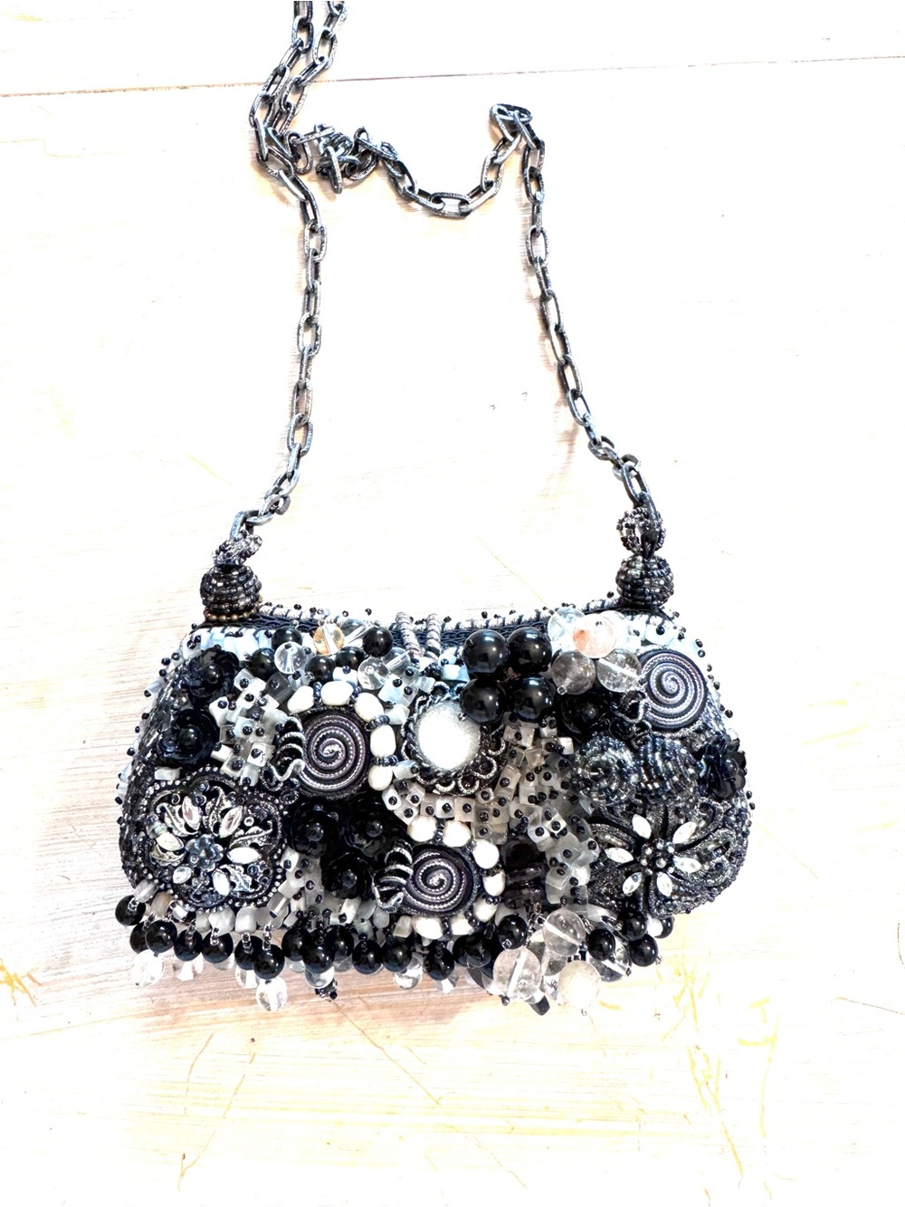 Mary Frances Silver, Black & White Floral Beaded Embellished Evening Clutch